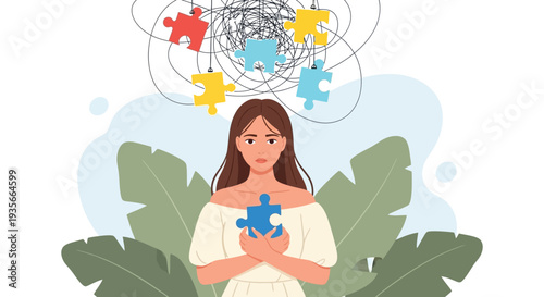 Woman holding a crucial puzzle piece while contemplating complex problems represented by tangled hanging shapes