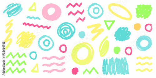 Colorful crayon scribbles and shapes scattered across a white background