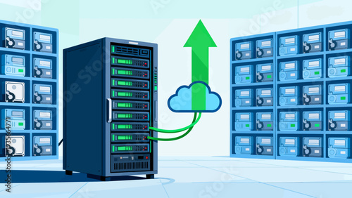 Illustration of a server tower with green data transfer to a cloud icon amidst rows of computer servers in a data center with a light blue background.