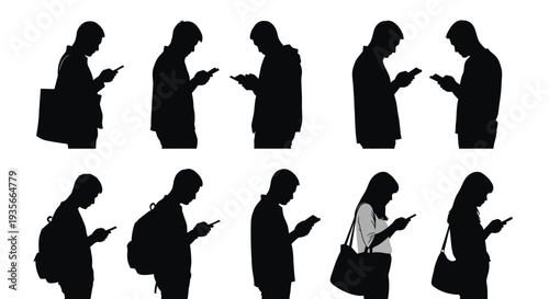 Diverse group of young people silhouettes engrossed in using their mobile phones, depicting digital communication and addiction.