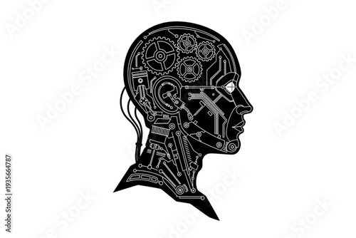 Mechanical Mind: An intricate illustration of a human head, revealing gears and circuitry within, symbolizing the fusion of man and machine and the essence of intelligence.
