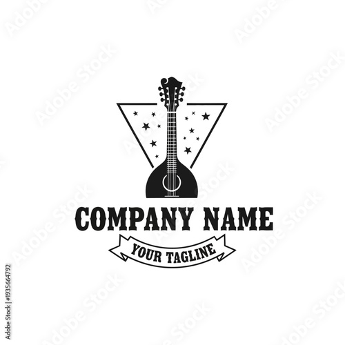 Mandolin musical instrument logo with stars and banner for company branding.