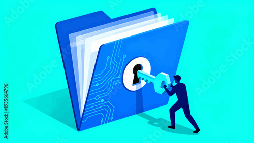 Illustration of a person unlocking a large blue book with a key on a teal background, symbolizing access to information.