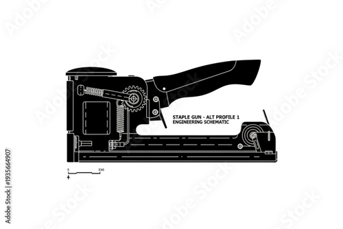 Staple Gun Engineering Schematic: Detailed schematic of a staple gun, showcasing its internal mechanisms and engineering principles. Perfect for illustrating industrial design and tool functionality.