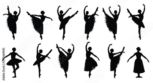 A beautiful collection of graceful ballet dancer silhouettes showcasing elegant poses and movements in artistic vector illustration.