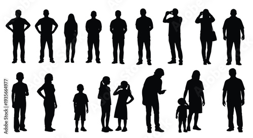 Collection of black human figure silhouettes representing diverse adults and children in various poses