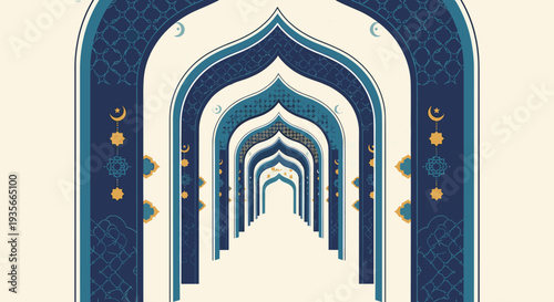 Ramadan Kareem Night Illustration with Mosque, Lanterns, Crescent Moon and Iftar Dates