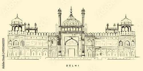 Elegant sketch of jama masjid mosque in delhi india architecture