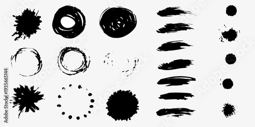 Collection of abstract black brush strokes and circular ink blots