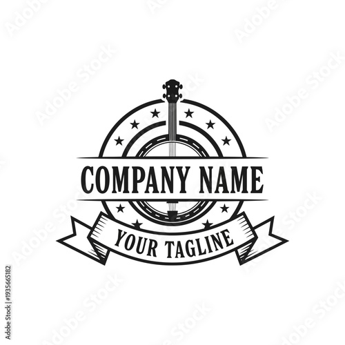 Vintage Banjo Music Company Logo with Star Embellishments and Ribbon Banners.