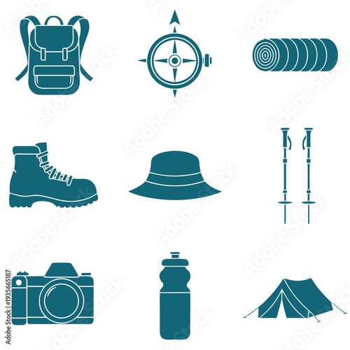Blue camping and hiking gear including backpack, compass, tent, boots, and more