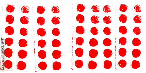 Red polka dots arranged in a grid on a white background