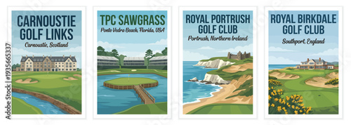Vintage golf poster set. Including carnoustie scotland, tpc sawgrass florida, royal portrush northern ireland, and royal birkdale england. Retro vector illustration.