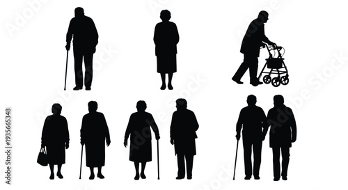 Collection of senior citizen black silhouette illustrations depicting walking aids and companionship needs