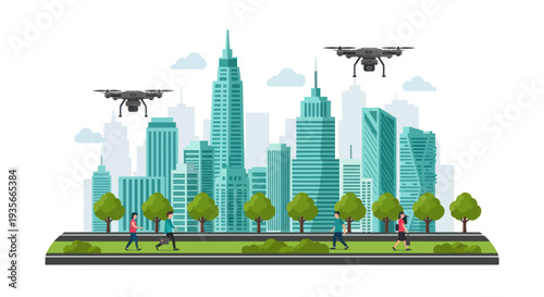 Drones flying over futuristic cityscape with people walking and green trees