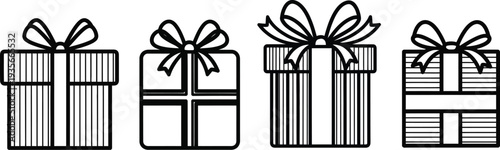 A set of four elegantly wrapped gifts with ribbons and bows on top