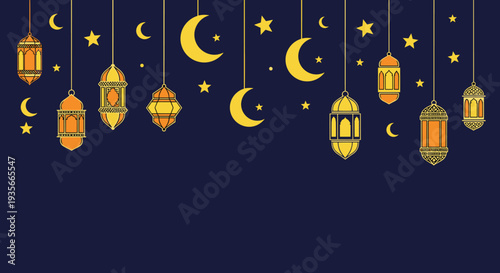 Ramadan Kareem Night Illustration with Mosque, Lanterns, Crescent Moon and Iftar Dates