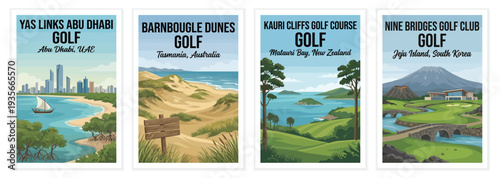 Vintage golf poster set. Including yas links abu dhabi, barnbougle dunes, kauri cliffs new zealand, and nine bridges south korea. Retro vector illustration.