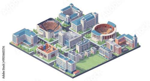 Isometric University Campus with Stadiums and Buildings, Pixel Art Style