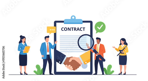 Business professionals reviewing a legal contract agreement, shaking hands for a successful partnership deal illustration