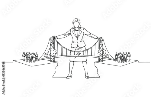 one line Drawing of  woman manager draw bridge help team cross cliff concept of leadership.