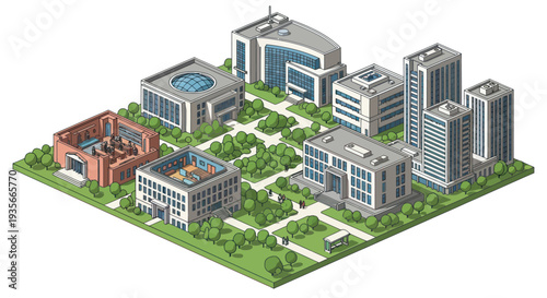 Isometric Cityscape with Modern Buildings and Green Spaces