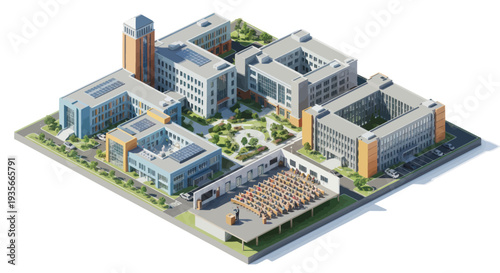 Modern university campus aerial view, contemporary architecture, green spaces, solar panels