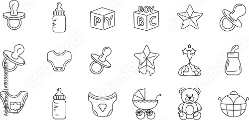 A collection of 16 line drawings of baby related icons and objects