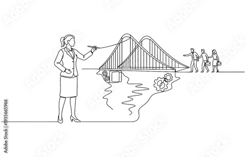 one line Drawing of  woman manager draw bridge help team cross cliff concept of leadership.
