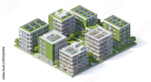 Eco-friendly apartment buildings with green roofs and solar panels, isometric view