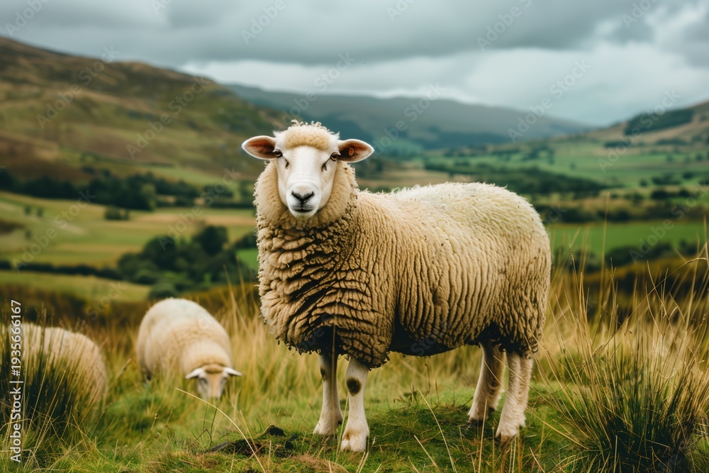 Naklejka premium Green hills cradle curious sheep as clouds loom over a tranquil countryside landscape