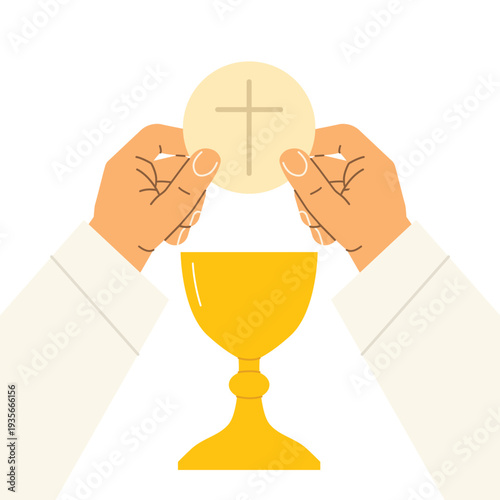 priest hands holding the holy Eucharistic host and chalice, symbolizing Holy Communion in the Christian faith - vector illustration