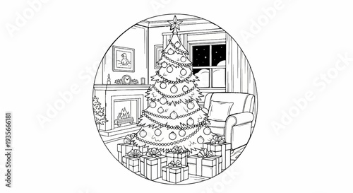 A cozy winter scene depicts a decorated Christmas tree surrounded by gifts beside a fireplace