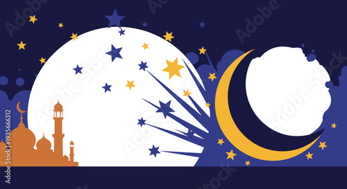 Ramadan Kareem Night Illustration with Mosque, Lanterns, Crescent Moon and Iftar Dates