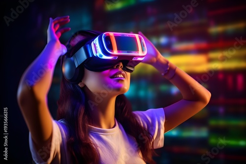 Young Woman Using VR Headset with Neon Lights Future Technology