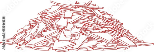 A pile of broken, irregularly shaped, white pieces with red outlines