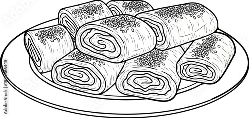 A platter of sweet, rolled pastries topped with sesame seeds