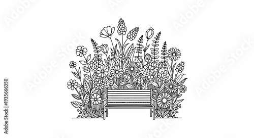 A solitary bench sits amidst a dense, detailed illustration of blooming flowers and foliage