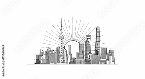 A sketch of a modern cityscape with a radiant sunburst behind towering buildings