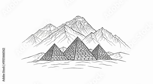 Black and white line art of ancient pyramids against a mountainous backdrop