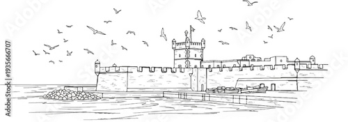 Stone fortress by the water with many birds flying overhead and a boat docked