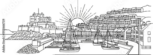 Coastal town with harbor, sunburst, and castle on a rocky cliff