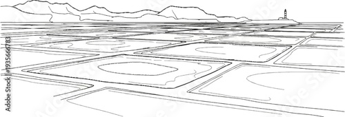Stylized perspective drawing of salt pans with distant mountains and lighthouse
