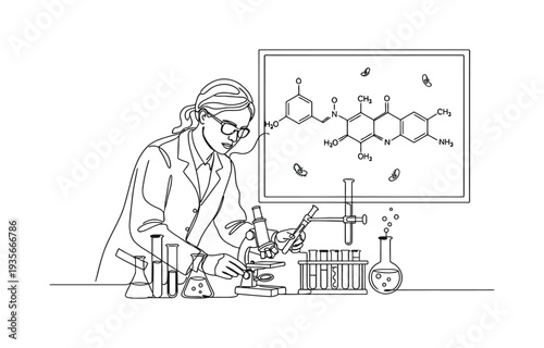 Continuous one line drawing of female scientist researching antibiotic formula using microscope, Vector.