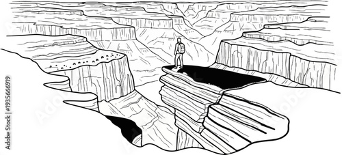 A lone hiker stands on a cliff overlooking a vast, layered canyon