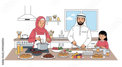 Sahur Ramadan Kareem Night Illustration with Mosque, Lanterns, Crescent Moon and Iftar Dates