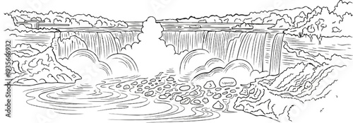 A dramatic, black and white illustration of a wide waterfall cascading over rocks into a pool