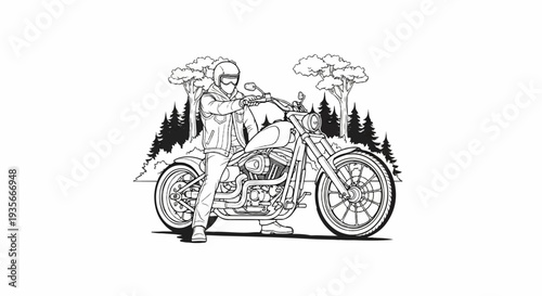 A man in protective gear sits on a motorcycle, surrounded by trees