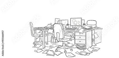 A messy desk with chairs, papers scattered, and computers