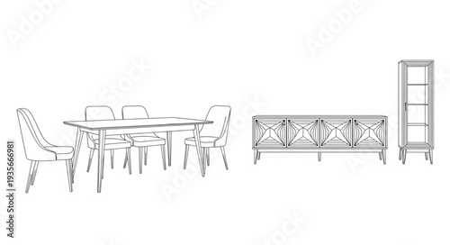 Sketch of modern dining table and chairs with sideboard and shelf unit.